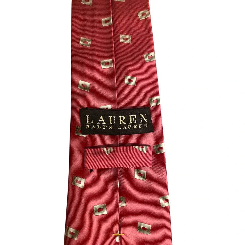 Lauren Ralph Lauren Mens Burgundy Red Silk Geometric Square Pattern Necktie